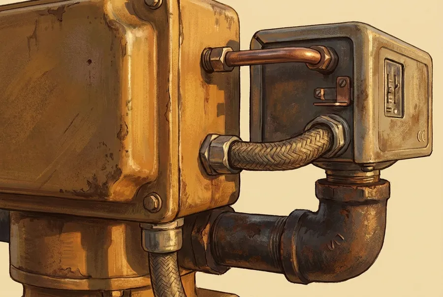 Illustration of a pump control panel and pressure switch housing, close-cropped