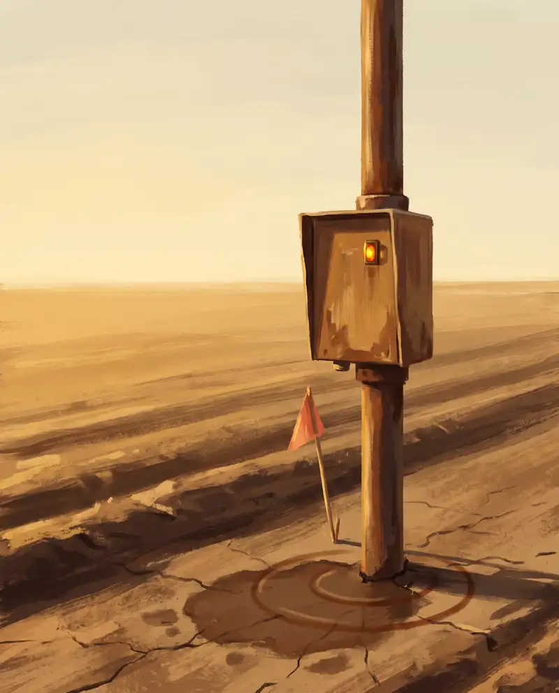 Illustration of a submersible pump and well cap rising from furrowed Central Valley farmland, with a control panel at mid-frame and one small ripple where the pipe meets the ground
